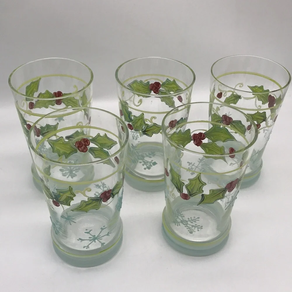 Vintage Christmas Painted/Decorated Clear Glass 16 oz. Tumbler’s—Total of 5 - Picture 6 of 9